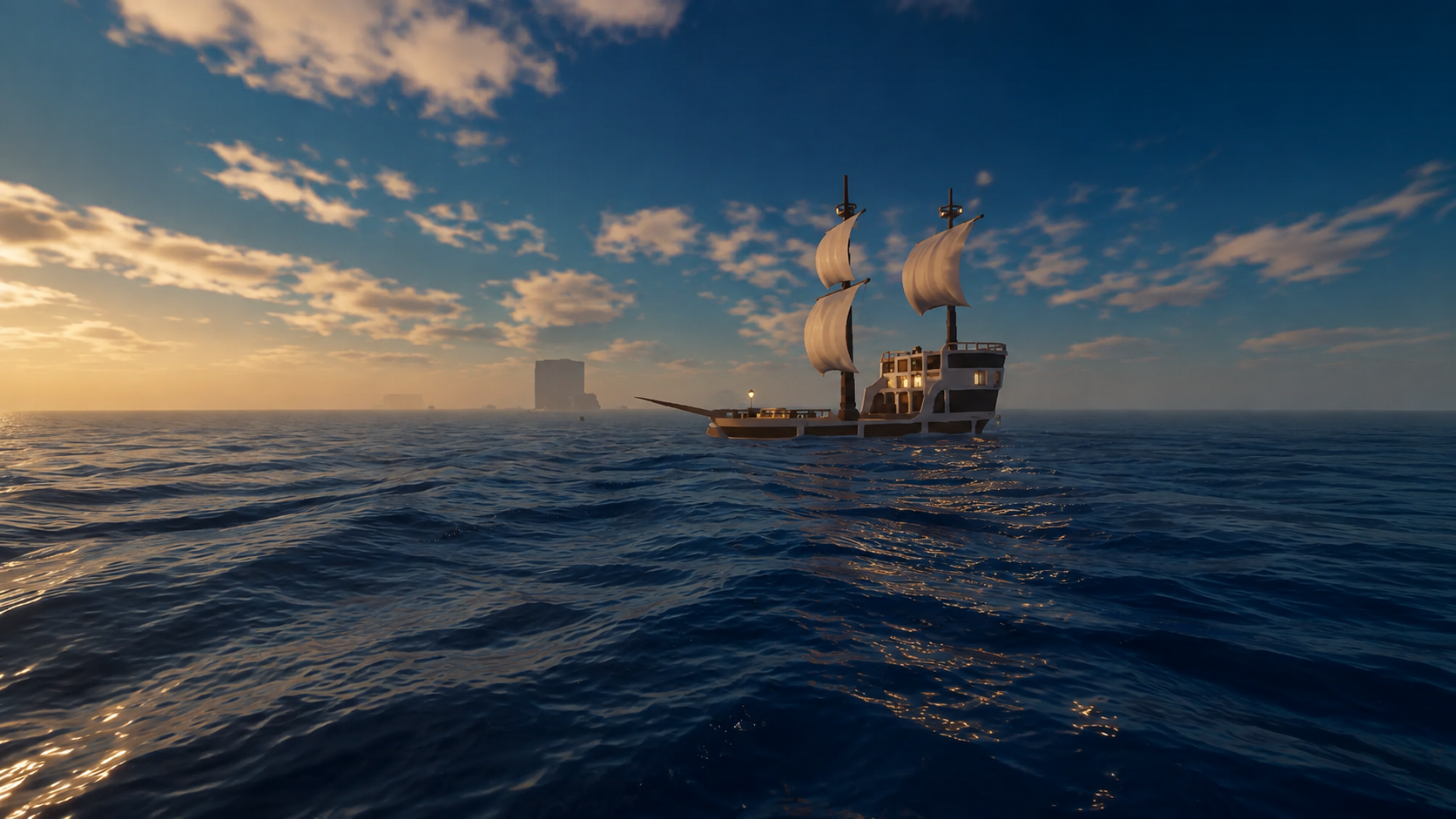 A sailing ship crossing the bright Grand Blue sea